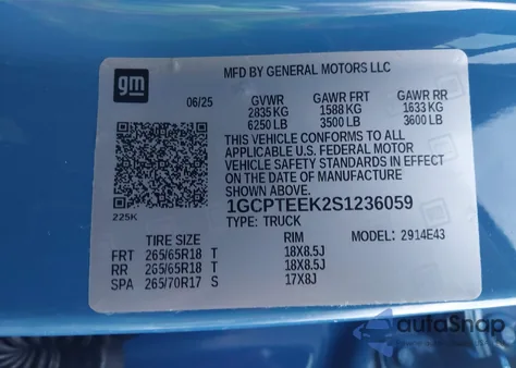 2025 Chevrolet Colorado 4Wd Trail Boss z USA, uszkodzony, nr VIN 1GCPTEEK2S1236059